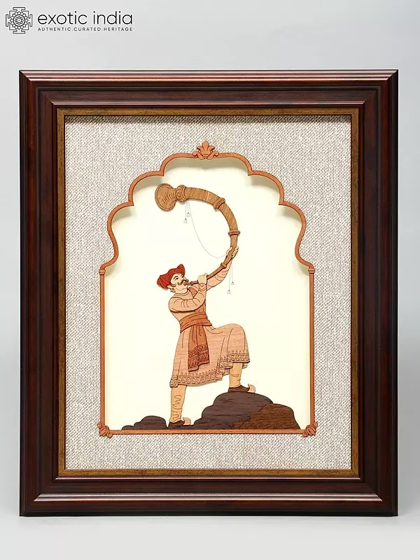 13" Man Blowing Tutari | Wood Frame | Wall Hanging