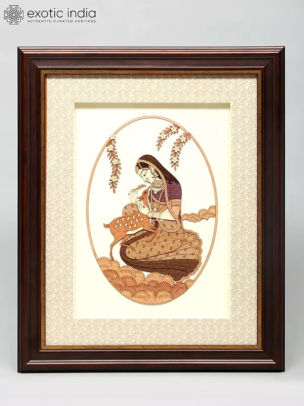 16" Lady with Deer | Wall Hanging Wood Frame | Home Decor