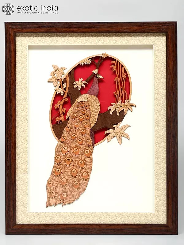 15" Peacock with Beautiful Long Tail | Wood Carved Frame | Wall Hanging