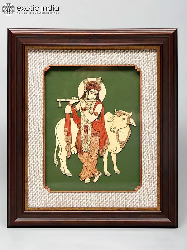 13" Cow Krishna | Wood Art | Wall Hanging Frame