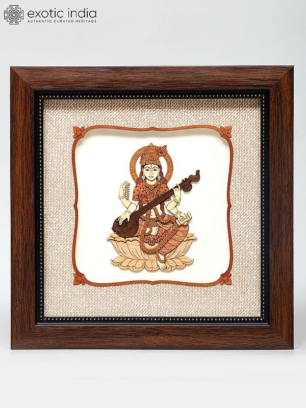 8" Goddess Saraswati | Wood Frame | Wall Hanging