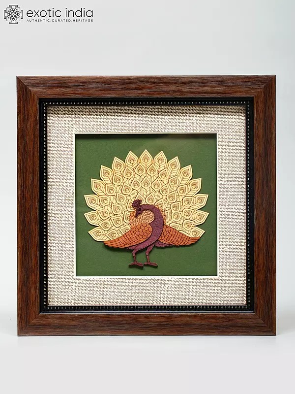 8" Peacock with Open Tail | Wood Frame | Wall Hanging