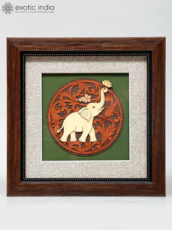 8" Elephant Holding Flower | Wood Frame | Wall Hanging