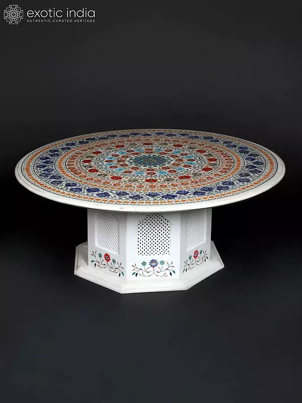 48" Large Designer White Marble Table with Inlay Work
