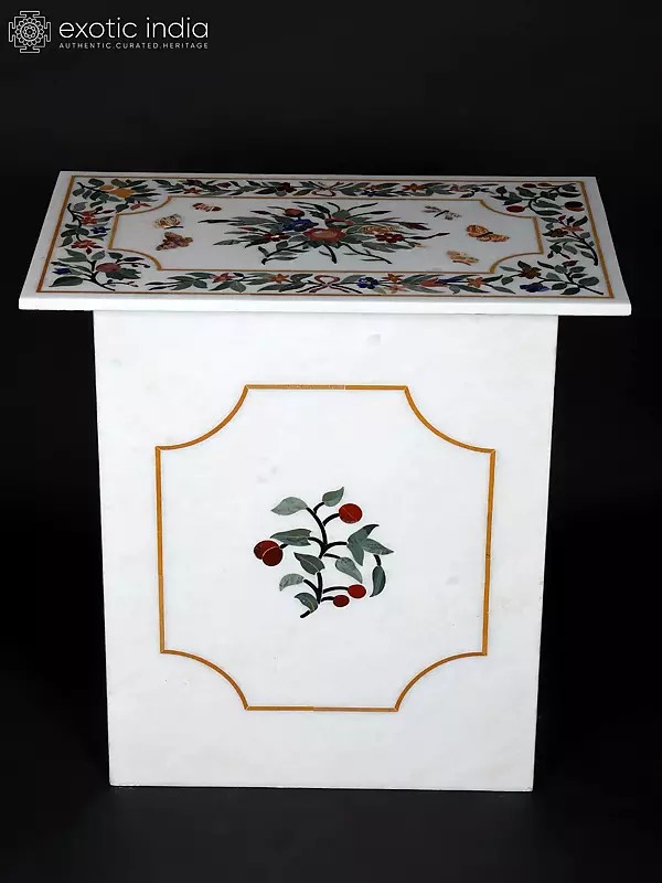 30" Floral Design Rectangle Marble Table With Base