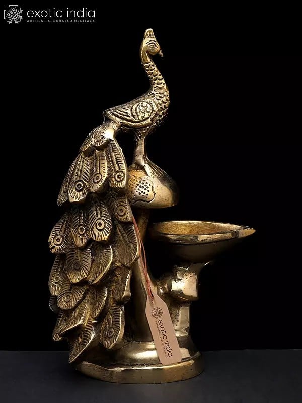 8" Beautiful Peacock with Diya | Brass Statue