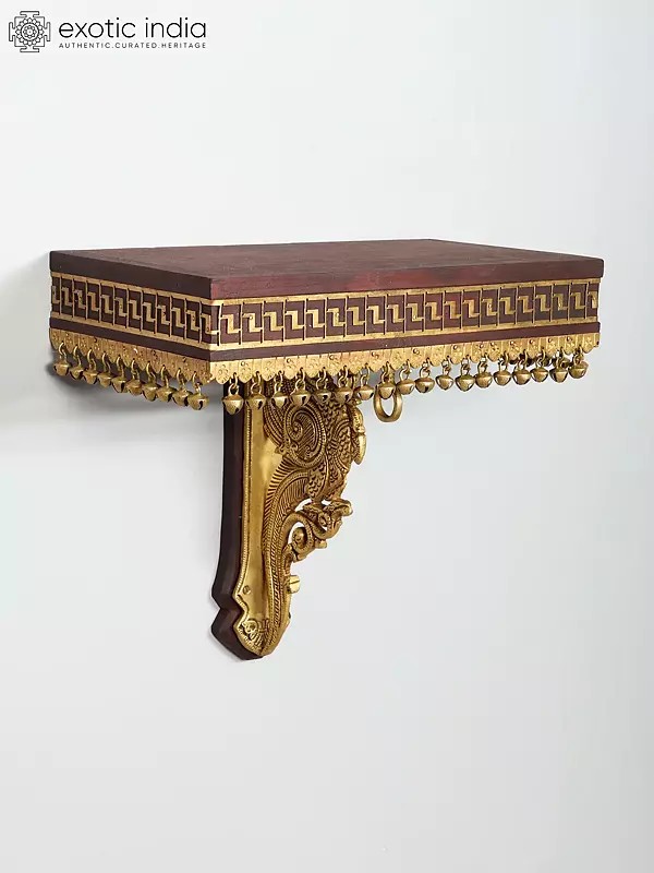 13" Peacock Design Wall Shelf in Wood with Brass Work | Wall Hanging