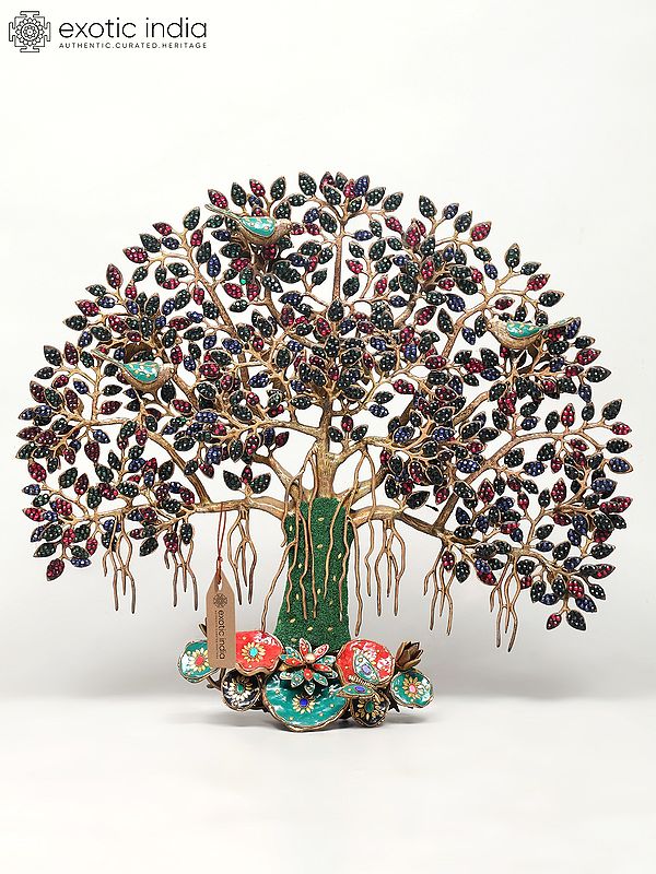28" Tree of Life with Perched Birds | Brass With Inlay Work | Wall Hanging