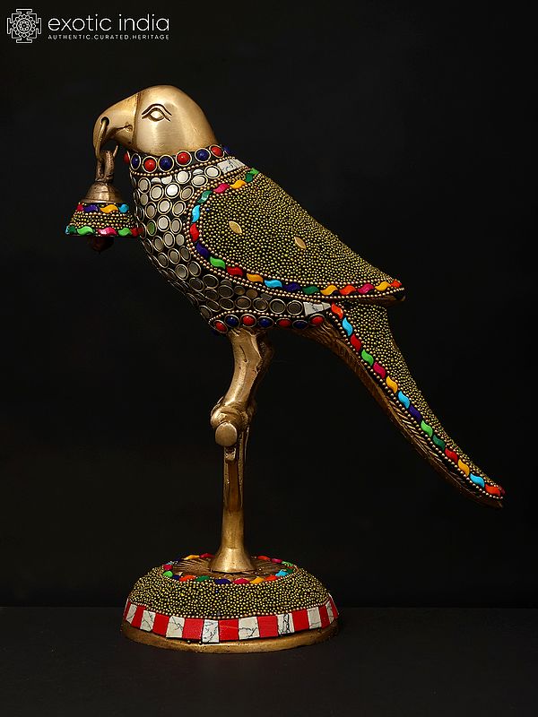 9" Parrot with Bell | Brass Statue with Inlay Work | Brass Statue with Inlay Work