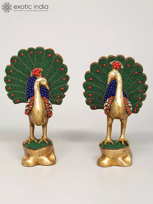 8" Pair of Peacocks | Brass Statues with Inlay Work | Home Decor