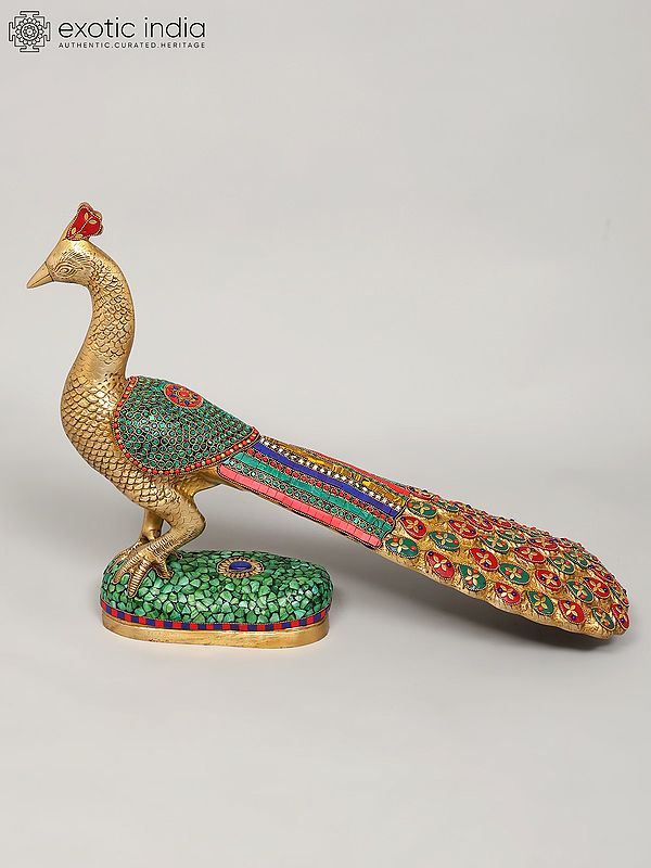 25" Beautiful Peacock | Brass Statue with Inlay Work | Home Decor