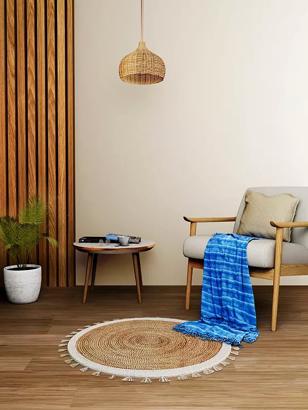 White Round Jute Fringe Carpet Palm Hemp Handmade Boho Hippie Natural Area Wool Area Rugs