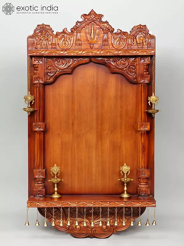 60" Large Size Wall Hanging Open Wood Temple with Brass Lamps and Bells