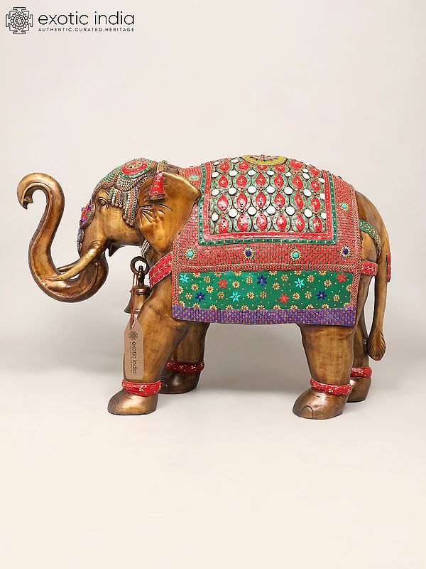 45" Large Size Elephant with Upraised Trunk | Brass Statue with Inlay Work