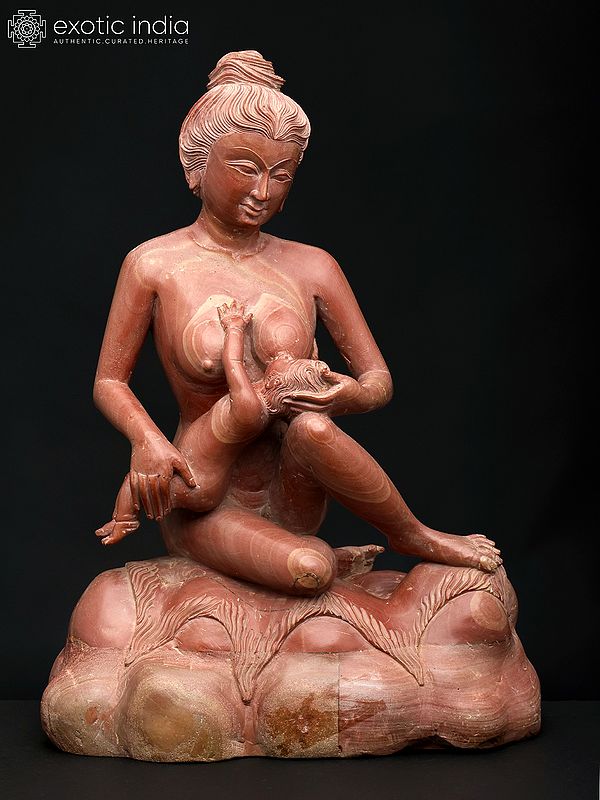 11" Vatsalya - Mother with Child Sculpture in Pink Stone | Home Decor | Made In Orissa
