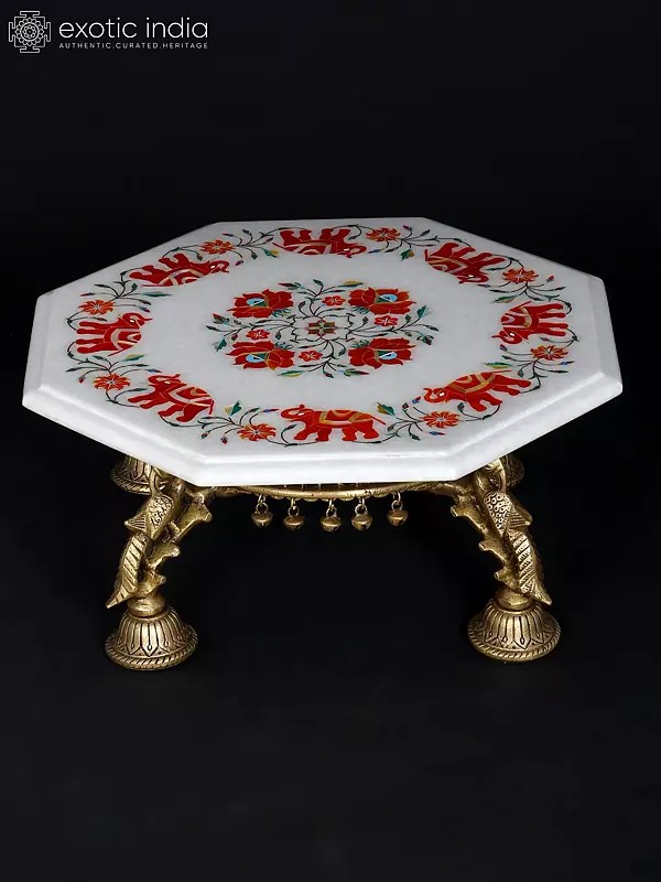 15" Hexagon Shaped Designer Pedestal (Chowki) with Inlay Work | Brass and Marble