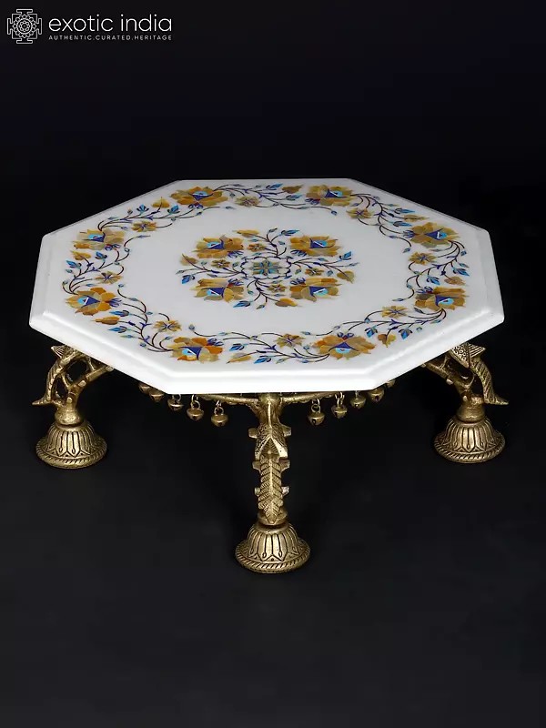15" Floral Inlaid Designer Marble Pedestal (Chowki) with Brass Base