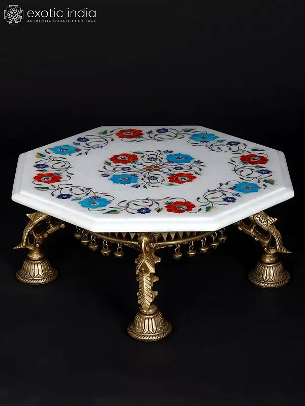 15" Hexagon Shaped Designer Marble Pedestal (Chowki) with Brass Base