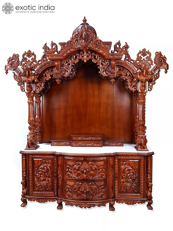 105" Super Large Wood Carved Designer Puja Temple with Drawers