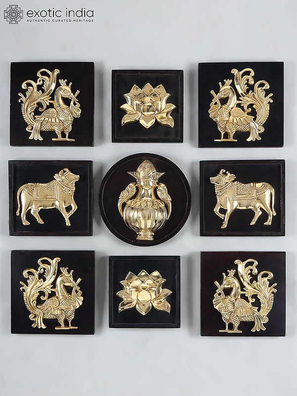 11" Designer Wall Art Relief Frames with Cow, Peacock, Lotus and Kalash | Set of 9 | Brass and Wood | Wall Hanging