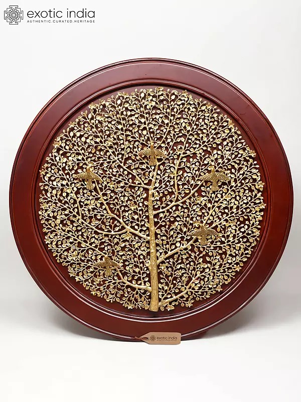44" Large Size Wood Framed Brass Tree of Life with Perched Birds | Wall Hanging | Home Decor