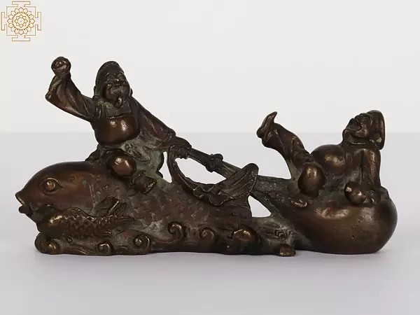 Two Laughing Buddha Seated on Koi Fish | Bronze Statue