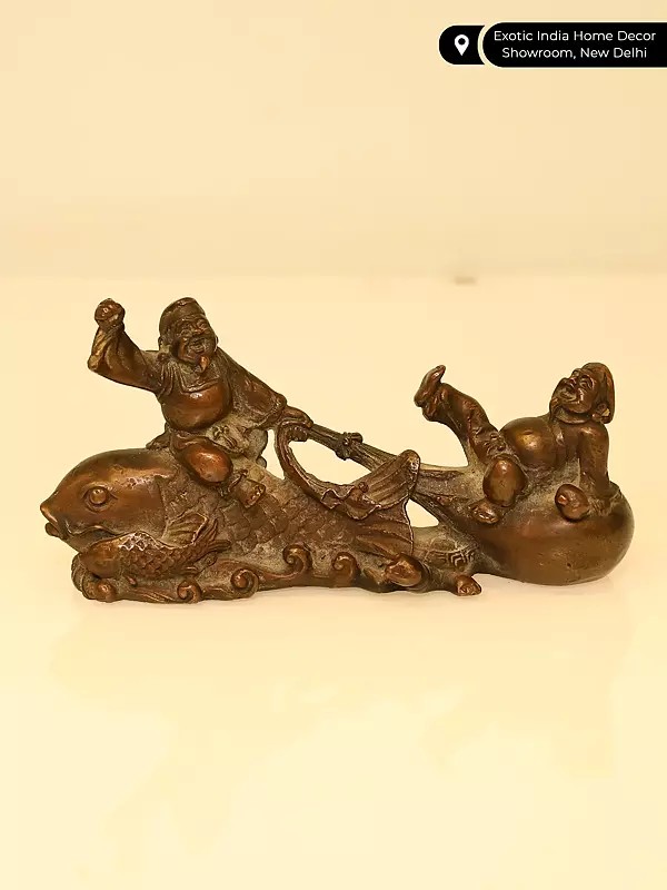 Bronze Statue: Two Figures on Koi Fish - Symbol of Joy & Prosperity