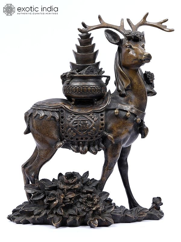 10" Chinese Feng Shui Bronze Deer with Treasure Bowl | Table Decor