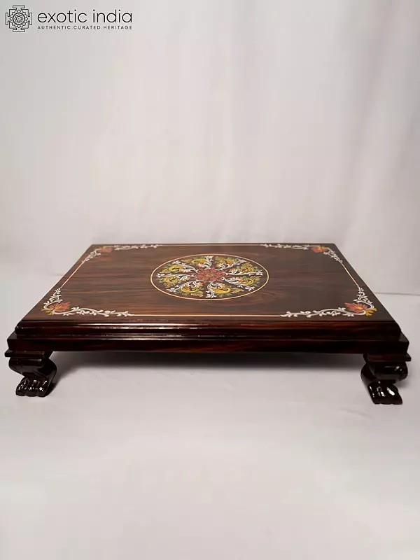 23" Wood Chowki With Beautiful Flower Design In The Centre | Handmade Rosewood Home Decor Item