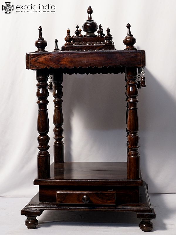 27" Four Sided Open Wood Temple With Drawer | Handmade Rosewood Home Decor Item