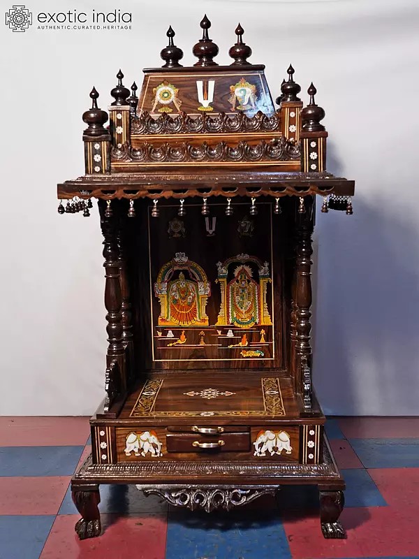 55" Traditional Carved Temple With Vaishnava Symbols | Handmade Rosewood Home Decor Item
