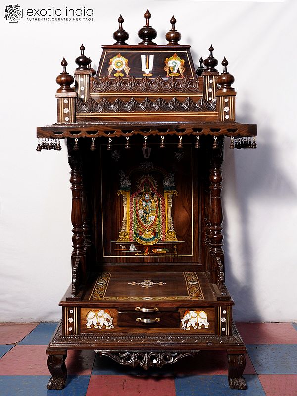 55" Attractive Wood Temple With Drawer And Lord Venkateswara Design | Handmade Rosewood Home Decor Item
