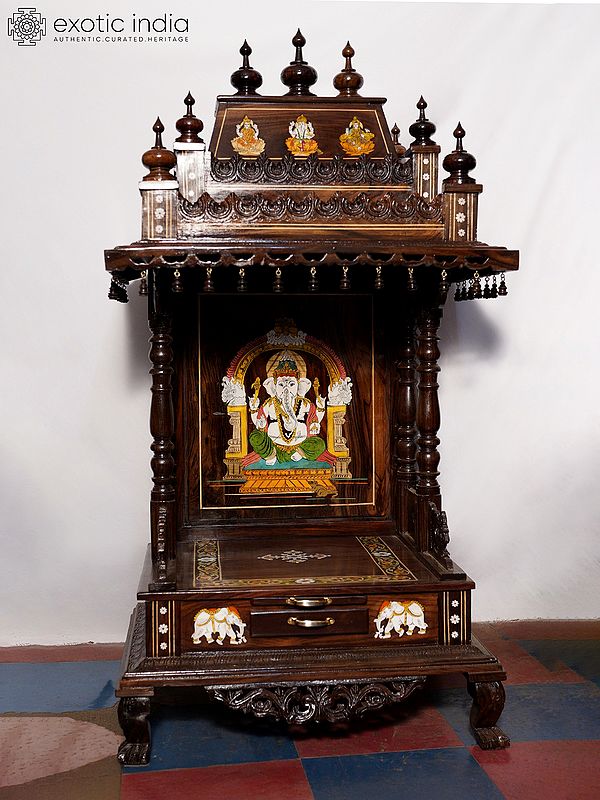 55" Wood Temple With Lakshmi Ganesha And Saraswati Design On The Top | Handmade Rosewood Home Decor Item