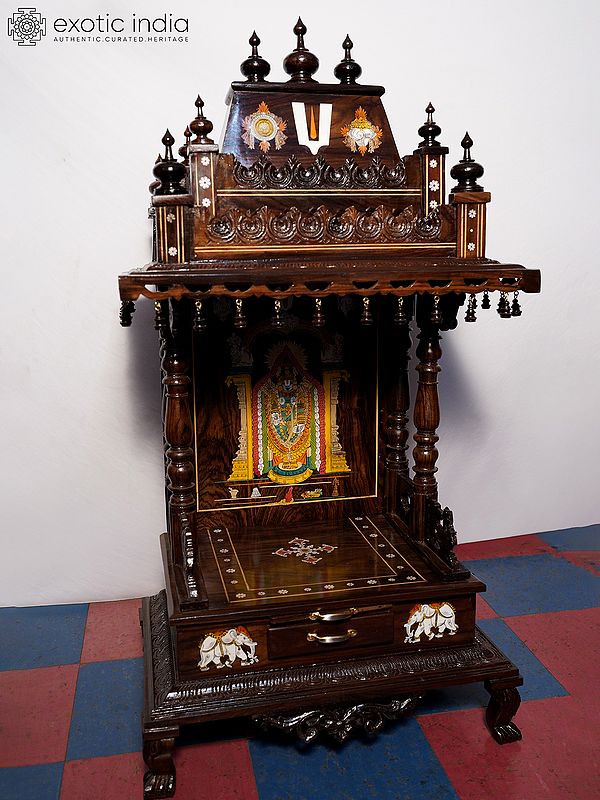 51" Wood Temple With Vaishnava Symbols Design On The Top | Handmade Rosewood Home Decor Item