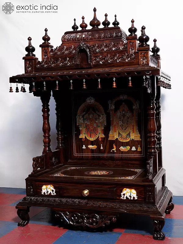 56" Puja Temple With Bells On Three Sides Of The Top | Handmade Rosewood Home Decor Item