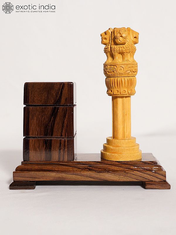 7" Wood Pen Stand With Ashoka Pillar | Handmade Rosewood Home Decor Item