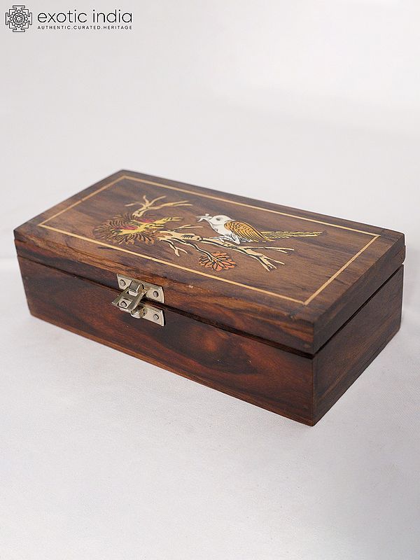 8" Wood Jewellery Box With Bird Design On The Top | Handmade Rosewood Home Decor Item