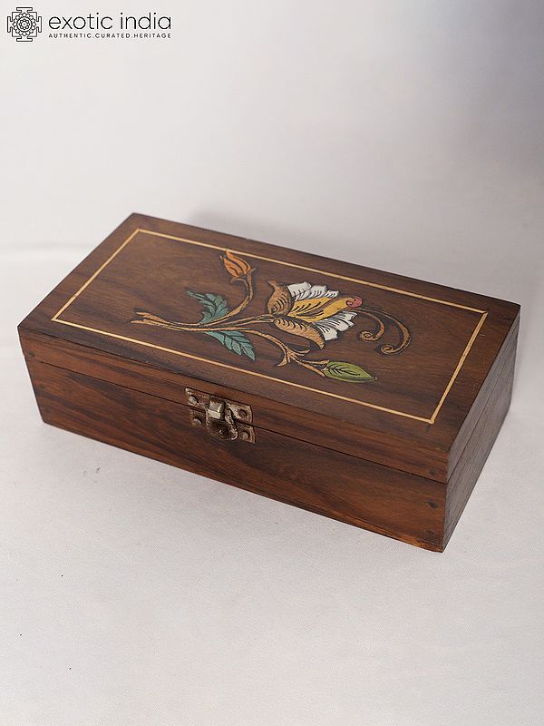 8" Wood Inlay Box With Blooming Flower | Handmade Rosewood Home Decor Item