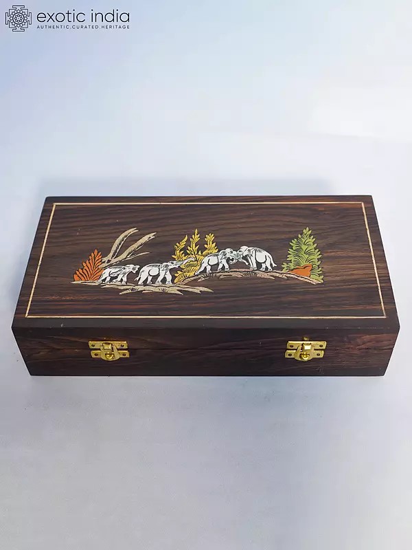 12" The Herd Of Elephant - Wood Box For Gifting | Handmade Rosewood Home Decor Item