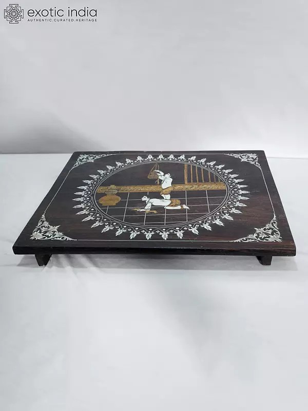 17" Little Krishna Leela - Wood Pedestal With Inlay Work | Handmade Rosewood Home Decor Item