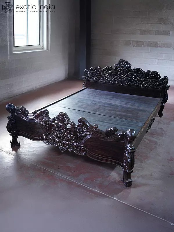 84" Traditional Wood Double Bed With Attractive Carving | Handmade Rosewood Home Decor Item | Shipped by Sea