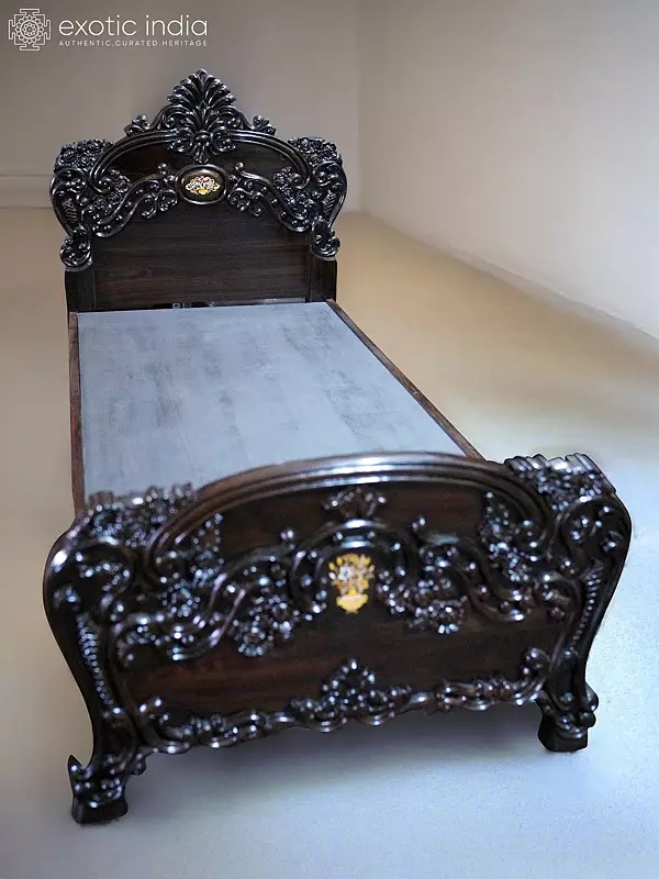 84" Handcrafted Wood Bed With Beautiful Carving | Handmade Rosewood Home Decor Item | Shipped by Sea