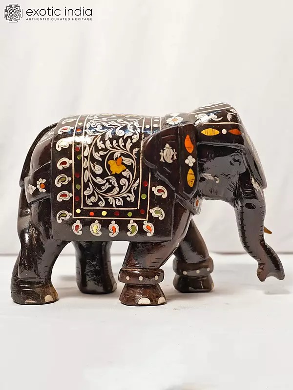 9" Designer Elephant Statue With Inlay Work | Handmade Rosewood Figurine