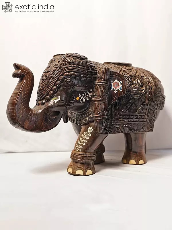16" Wood Statue Of Elephant With Attractive Carving | Handmade Rosewood Figurine