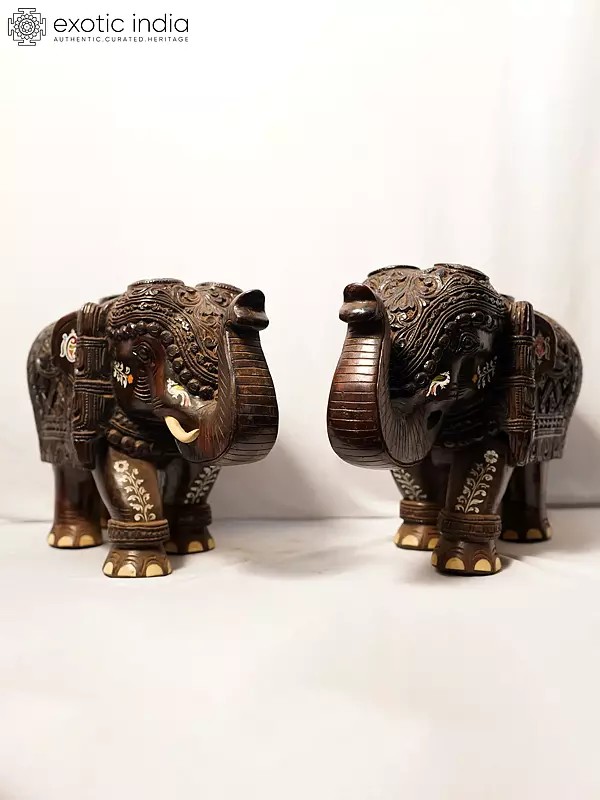 18" Handcrafted Statue Of Elephant Pair | Handmade Rosewood Figurine