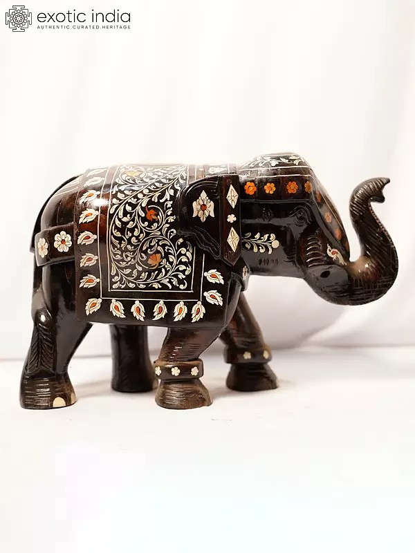 12" Attractive Elephant Statue With Beautiful Inlay Work | Handmade Rosewood Figurine