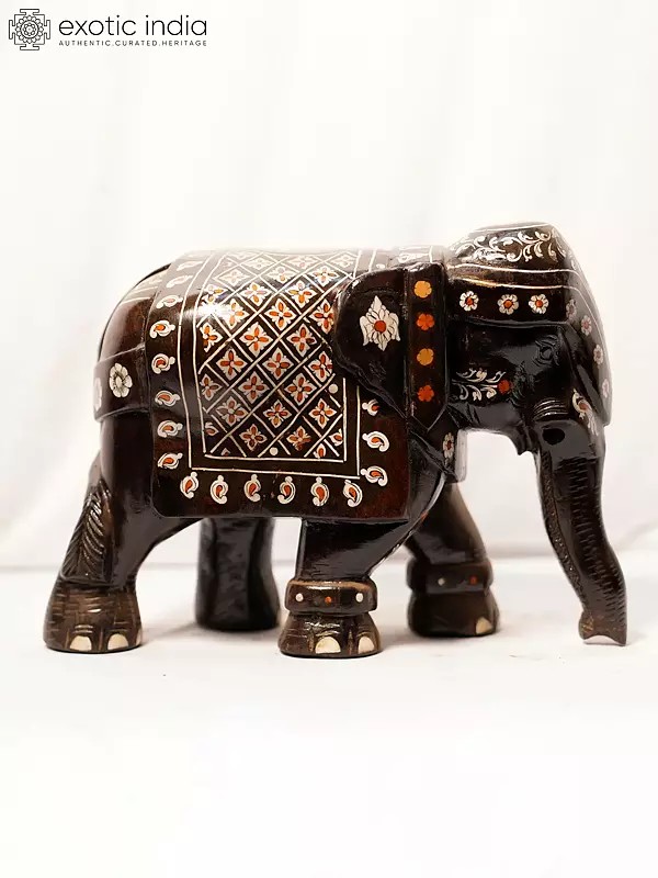 13" Standing Elephant Statue In Inlay Work | Handmade Rosewood Figurine