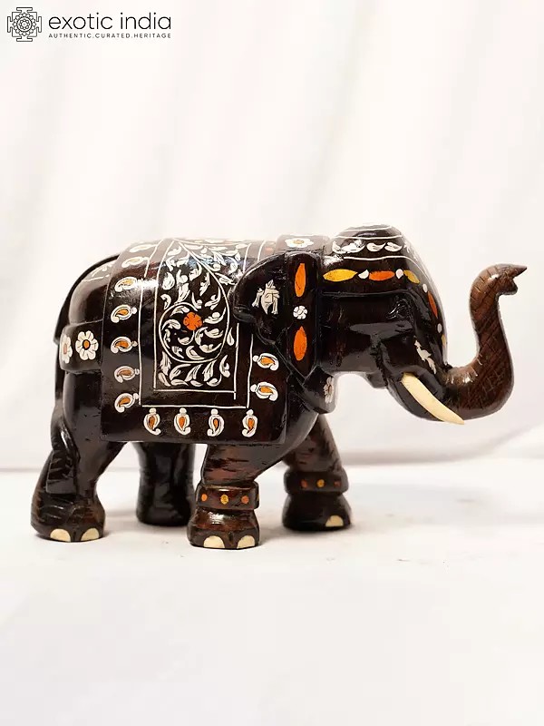 10" Roaring Elephant With Inlay Work | Handmade Rosewood Figurine
