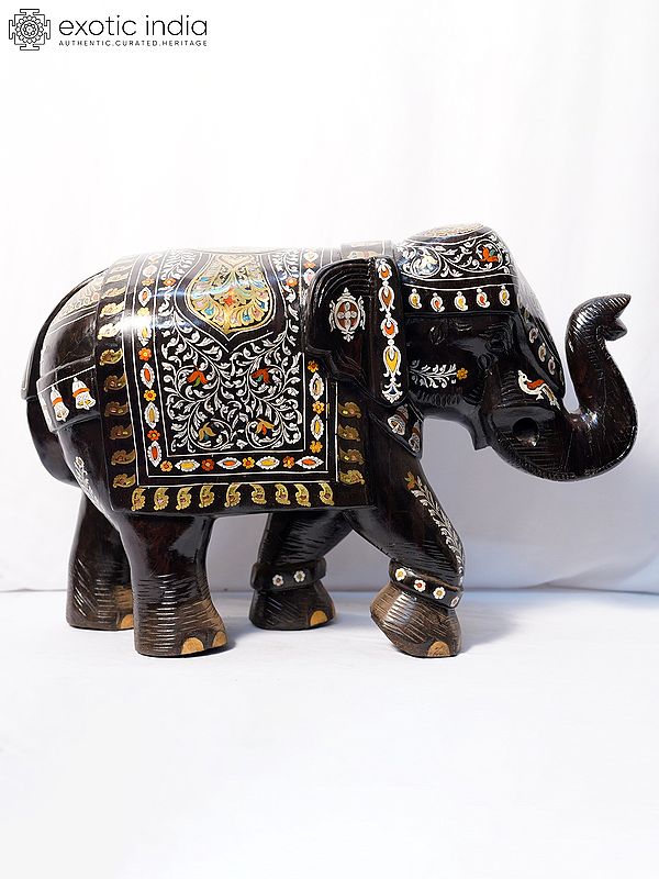 24" Attractive Statue Of Elephant With Colorful Brass Inlay Work | Handmade Rosewood Figurine