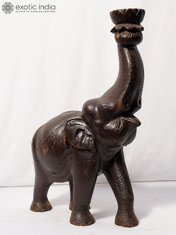 15" Elephant Statue With Holding Lotus | Handmade Rosewood Figurine